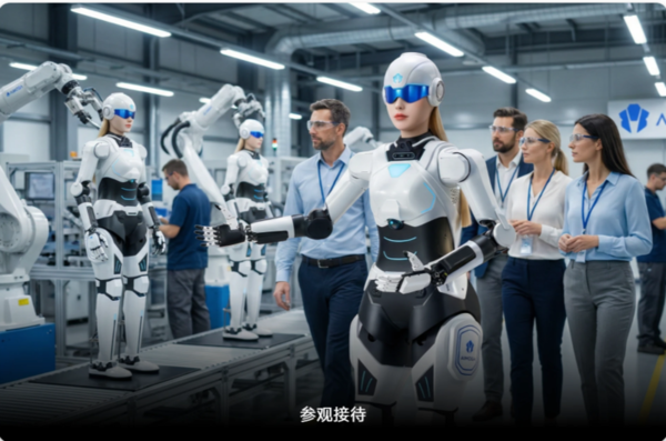 工厂参观接待场景下的人形机器人应用效果图